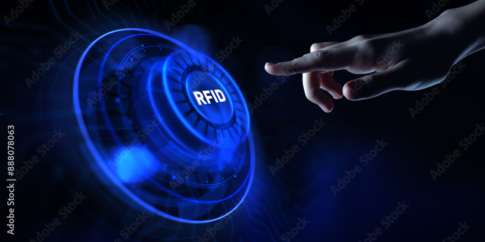Poster rfid radio frequency identification. hands pressing button virtual screen.