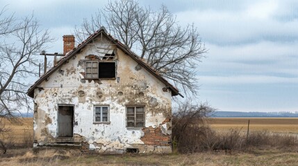 Rural farmhouse tourism site with damaged exterior featuring empty space for text