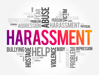Fototapeta premium Harassment is unwelcome conduct that is based on race, color, religion, national origin, older age, disability, or genetic information, word cloud concept background