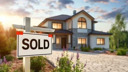 Obraz premium Beautiful suburban home with a 'Sold' sign in the front yard, indicating a recent purchase.