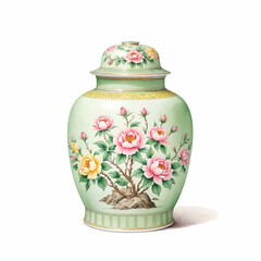 Famille Rose Porcelain Jar. Watercolor on white Background.