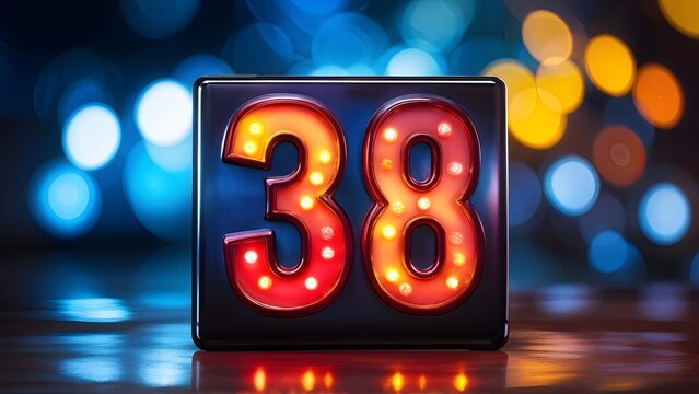 Vintage illuminated number 38 sign against bokeh background, perfect for party decorations. Generative AI