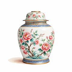 Famille Rose Porcelain Jar. Watercolor on white Background.
