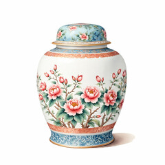 Famille Rose Porcelain Jar. Watercolor on white Background.