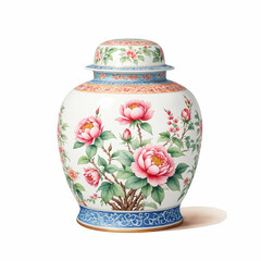 Famille Rose Porcelain Jar. Watercolor on white Background.