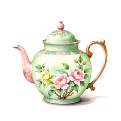 Famille Rose Porcelain Teapot. Watercolor on white Background.