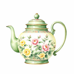 Famille Rose Porcelain Teapot. Watercolor on white Background.