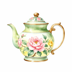 Famille Rose Porcelain Teapot. Watercolor on white Background.