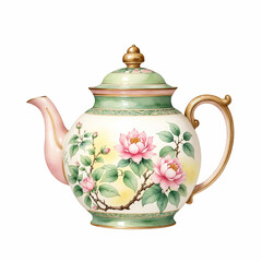 Famille Rose Porcelain Teapot. Watercolor on white Background.