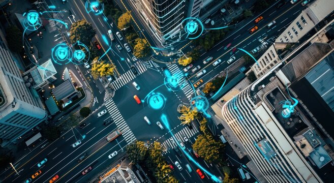 Urban City Intersection with Futuristic Interface