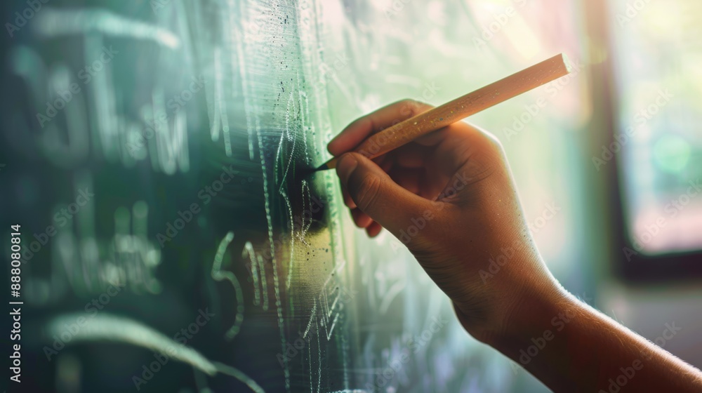 Poster focused student solving math problem on green chalkboard. writing equations with chalk. immersed in 
