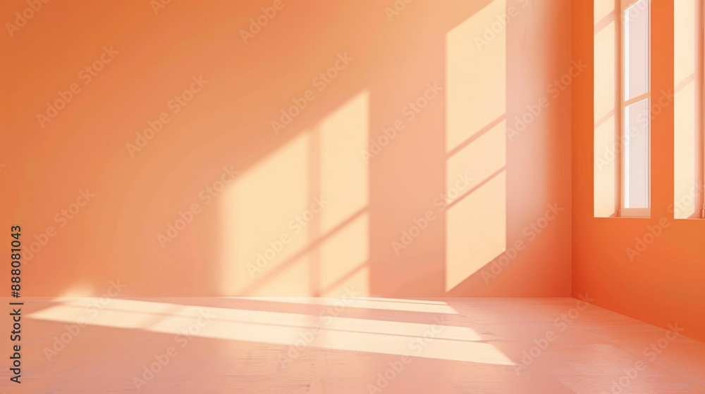Poster peach colored empty room wall with minimal apricot background. color of the year 2024 peach fuzz.