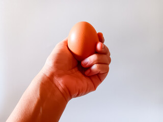 Asian woman's hand holding fresh of brown chicken egg isolated on white background. 