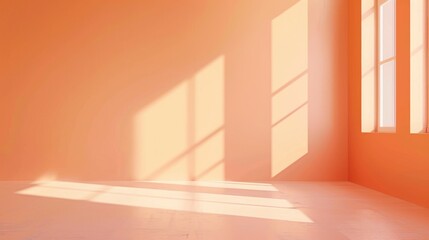Peach colored empty room wall with minimal apricot background. Color of the year 2024 Peach Fuzz.