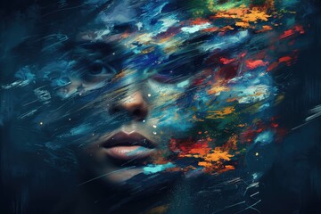 Obraz premium A woman's face emerges from a swirling, abstract background of bold, brushstroke colors