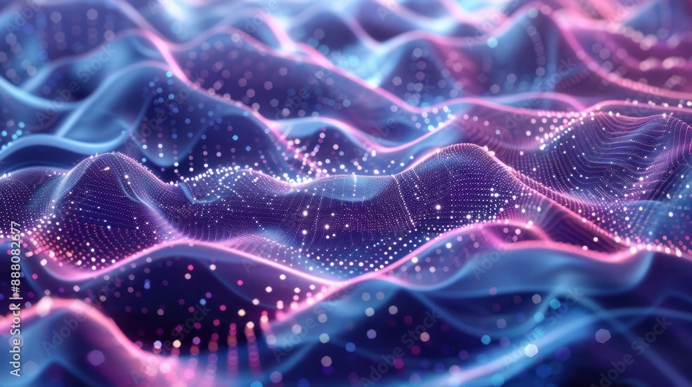 Aufkleber wave of particles with gradient hologram background in digital technology.