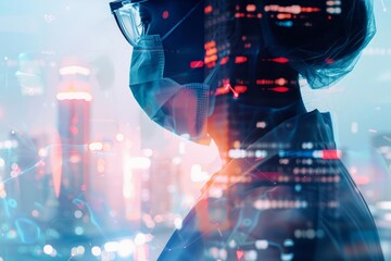 Doctor in a high-tech hospital environment, advanced devices, cityscape close up, focus on, copy space, bright and lively colors, Double exposure silhouette with medical technology