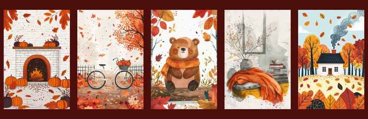 Autumn Collection: Cozy Fireplaces, Falling Leaves, and Woodland Scenes