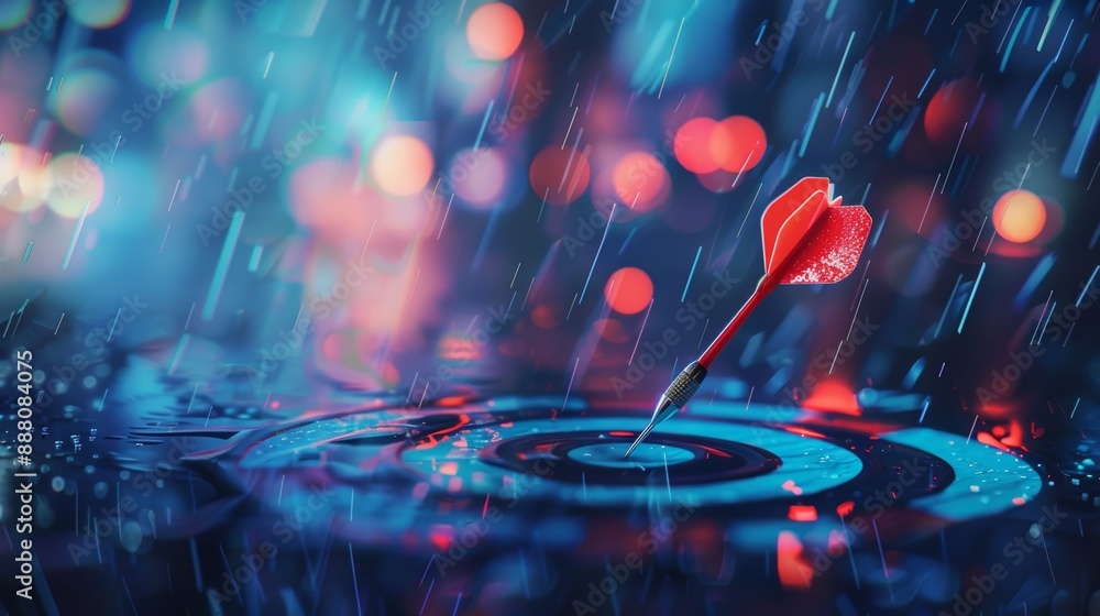 Poster red dart in bullseye with rain and bokeh lights