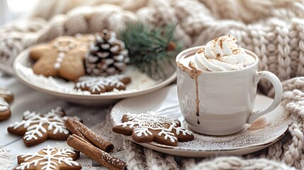 Fototapeta premium Cozy Winter Setup With Steaming Mug Of Hot Chocolate And Gingerbread Cookies