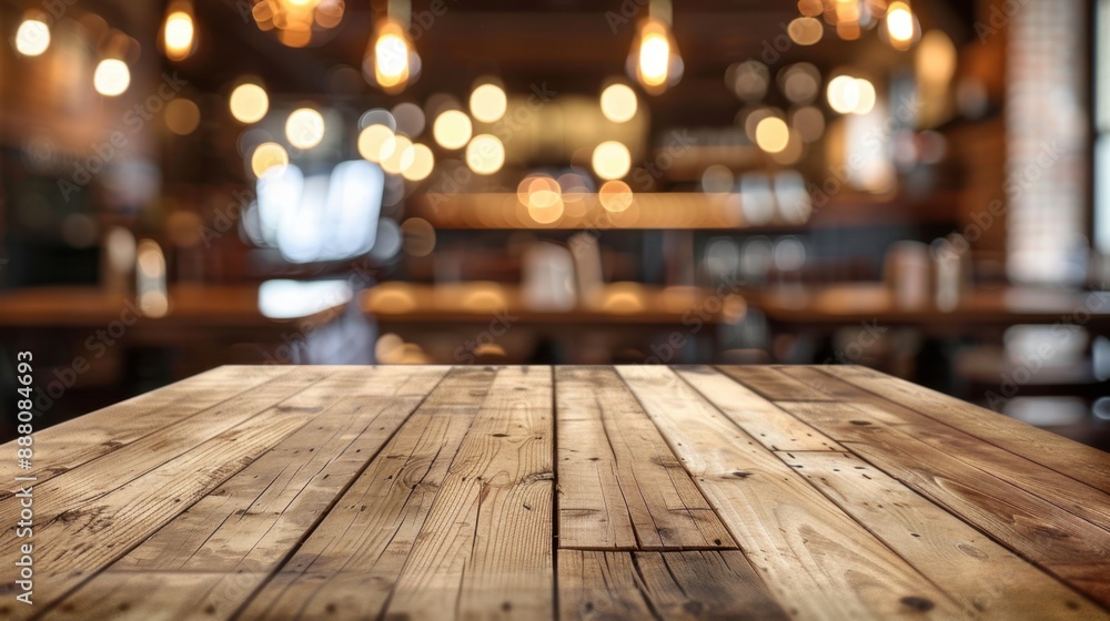 Poster decorative wood board background with an empty table. abstract blurry background with a cafe.