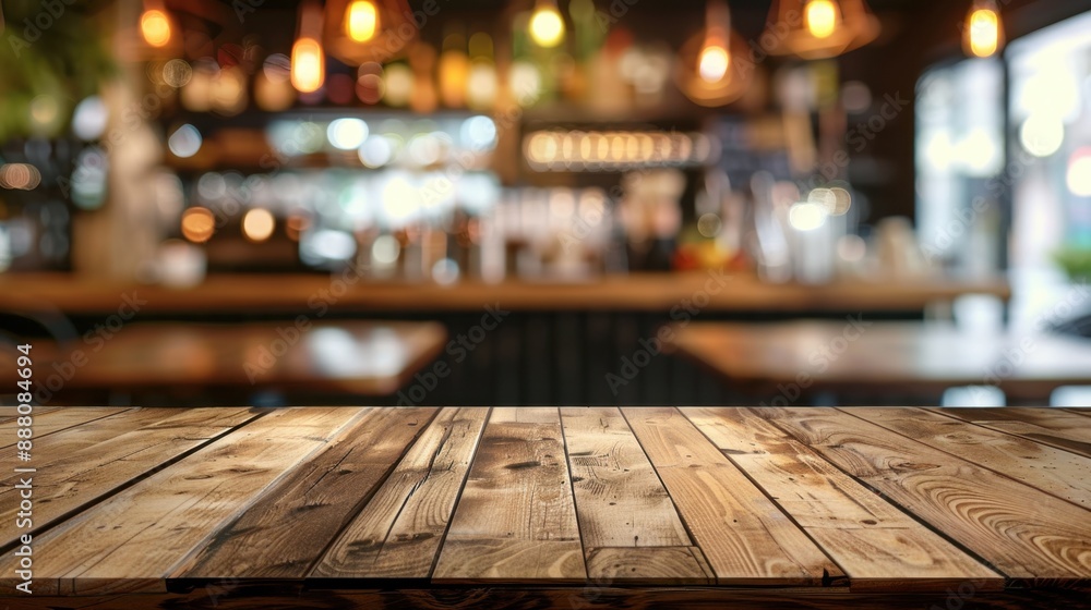Poster decorative wood board background with an empty table. abstract blurry background with a cafe.