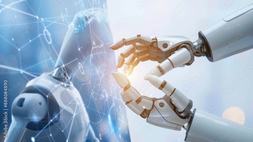 Poster artificial intelligence, machine learning, hands of robots touching on big data network connections,