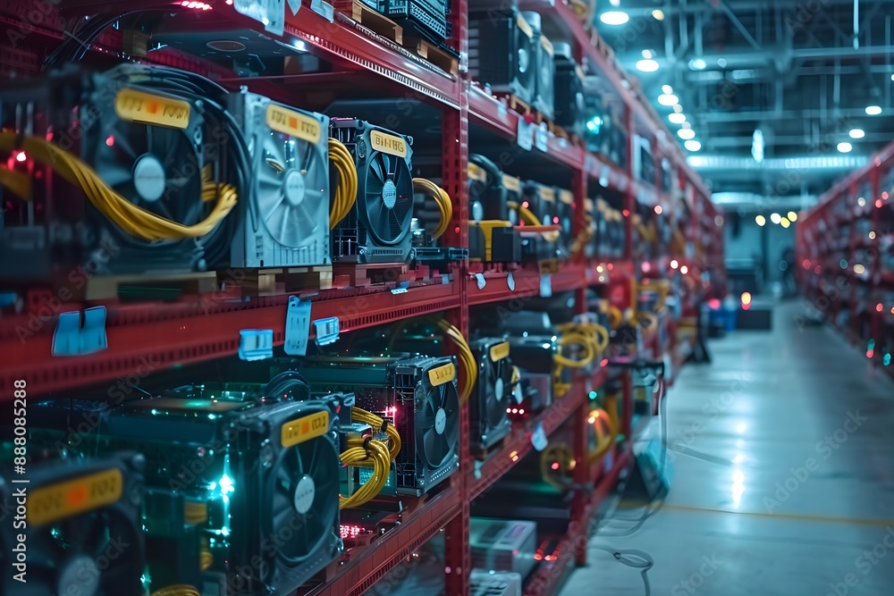 Poster high-tech cryptocurrency mining farm with rows of mining rigs
