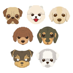 Set of different cute cartoon dogs heads. Vector illustration isolated on white background.