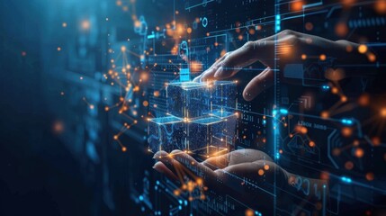Fototapeta premium Using artificial intelligence, machine learning, chatbots, abstract cubes for data exchange, deep learning, innovative IT business and artificial intelligence technology.