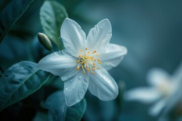 Fototapeta premium Close-up view of a delicate, white jasmine flower, showcasing its small, star-shaped petals and subtle fragrance.