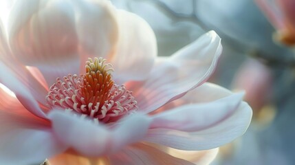 Fototapeta premium Macro shot of a magnolia flower in early spring, capturing its large, fragrant petals and subtle shades of pink and white.