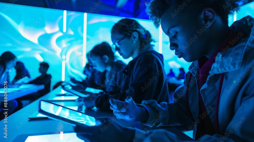 Poster students in a futuristic classroom using interactive touchscreen tables under blue lighting