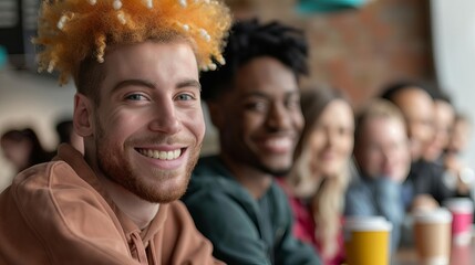 Young adults from various backgrounds engaging in a conversation about equality trends in a contemporary coffee shop, set in a lively and inclusive atmosphere