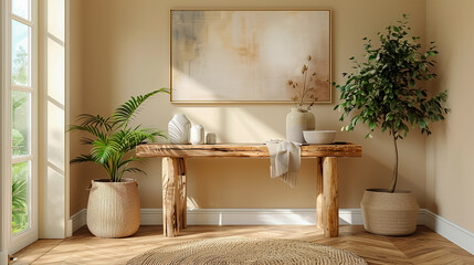 Warm wood in a naturally lit minimalist hallway with beige walls and balanced decor.