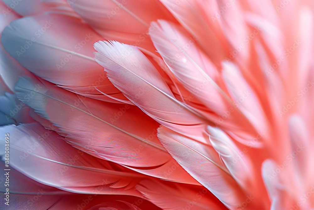 Poster a close-up of flamingo feathers, showcasing the intricate patterns and colors. , stylish in style of
