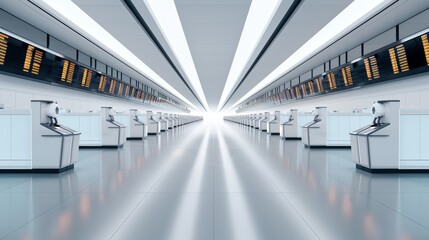 Obraz premium A high-tech airport terminal with robotic check-in counters and bioluminescent flight information boards promoting air travel style