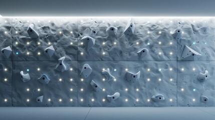 A high-tech rock climbing wall with robotic belay systems and bioluminescent holds promoting safe climbing style, high-resolution photo, realistic photo, cinematography