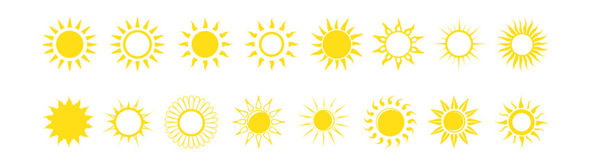 Vector icons of suns in yellow on a white background