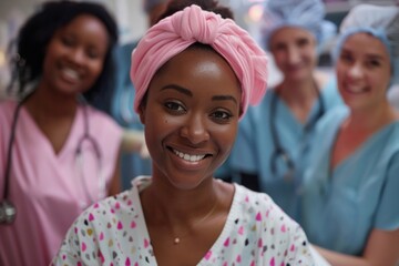 An empowering image of a woman undergoing chemotherapy, surrounded by supportive family members and medical professionals. Her brave smile radiates resilience and determination on Breast Cancer