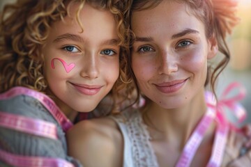Fototapeta premium A touching scene of a mother and daughter bonding over a pink ribbon craft, symbolizing their solidarity in the fight against breast cancer. Their loving embrace reflects hope and unity on this