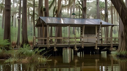 A campsite in a cypress swamp, with tents set up on elevated wooden platforms.