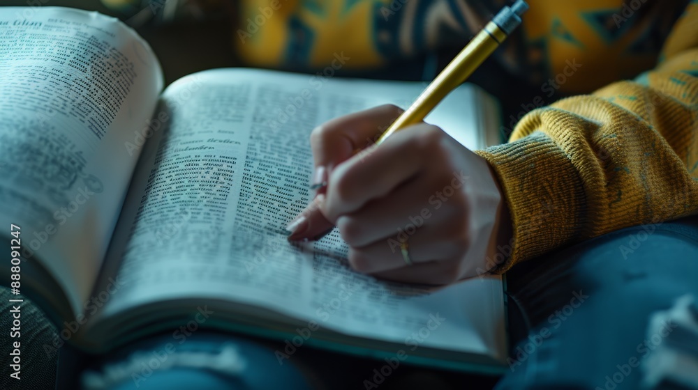 Aufkleber student is highlighting key sections in a textbook as part of exam preparation