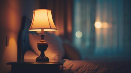 A lamp is lit in a bedroom