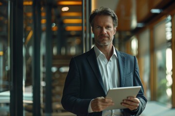 Middle-aged exec in suit holds tablet, standing in modern office hallway. Intense gaze, professional vibe.