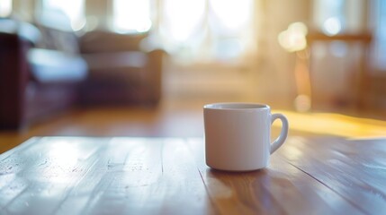 Fototapeta premium A white coffee cup sits on a wooden table in a living room