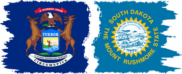 South Dakota and Michigan states grunge brush flags connection, vector