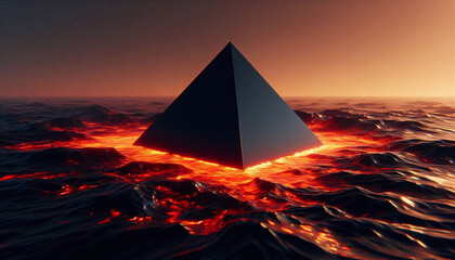 A black pyramid shaped object floating on top of a body of magma