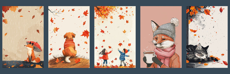 Autumnal Animals Collection: Fox, Dog, Kids, Fox with Coffee, Cat in Cozy Fall Scenes