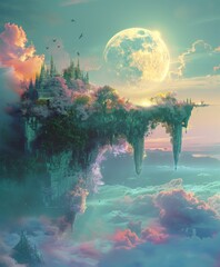 Obraz premium A dreamlike scene with floating islands, large moons